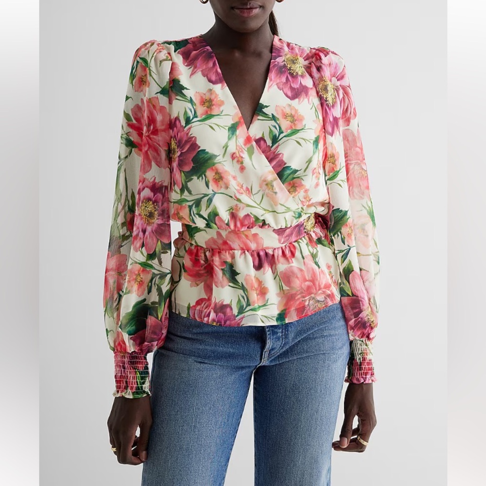 Express Floral Wrap Blouse - Pink and Green